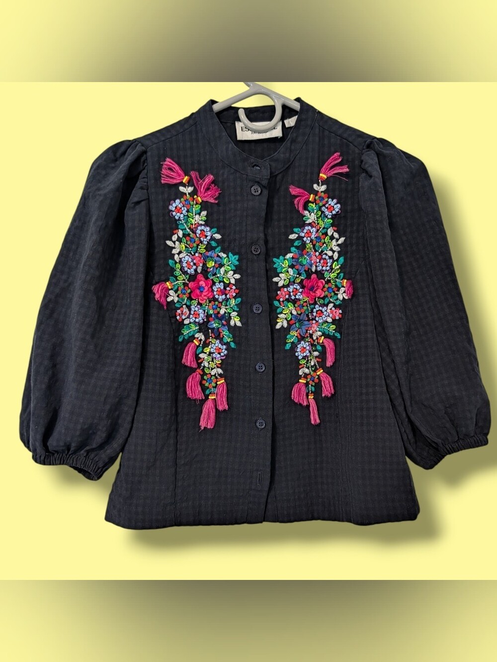 Essentiel Antwerp Navy Sequin Embellished Embroidered Puff Sleeve Heartfelt Top